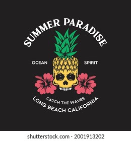 Summer paradise, fancy pineapple skull t-shirt print. Design for poster, print on the theme of summer. Vector vintage illustration.