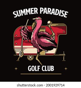 Summer Paradise Flamingo Illustration with Stick Golf and Camper Van Behind Illustration Vintage Style Vector. Ready for shirt Stamp and Print design
