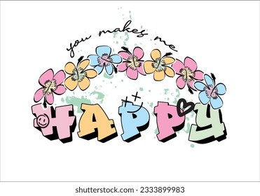 summer paradise flowers and happy slogan vector 