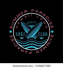 Summer paradise Hawaii logo, surf club est 1978, creative badge can be used for surf club, shop, t shirt print, emblem, badge, label, flyer, banner, poster vector Illustration