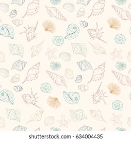 Summer paradise holiday marine background. Seashell seamless pattern can be used for website background, wrapping paper, textile printing Hand draw underwater illustration with sea shells and sea star