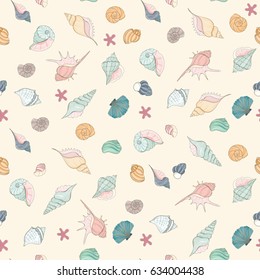 Summer paradise holiday marine background. Seashell seamless pattern can be used for website background, wrapping paper, textile printing Hand draw underwater illustration with sea shells and sea star