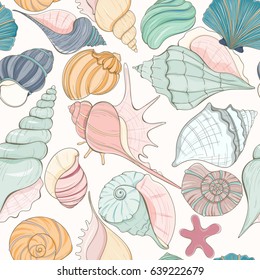 Summer paradise holiday marine background. Seashell seamless pattern can be used for website background, wrapping paper, textile printing Hand draw underwater illustration with sea shells and sea star