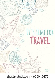 Summer paradise holiday marine card. Seashell illustration can be used for invitation, postcard, menu, flyer or website Hand draw underwater tropical objects with sea shells and sea star.