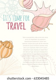 Summer paradise holiday marine card. Seashell illustration can be used for invitation, postcard, menu, flyer or website Hand draw underwater tropical objects with sea shells and sea star.