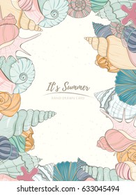 Summer paradise holiday marine card. Seashell illustration can be used for invitation, postcard, menu, flyer or website Hand draw underwater tropical objects with sea shells and sea star.