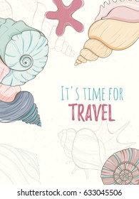 Summer paradise holiday marine card. Seashell illustration can be used for invitation, postcard, menu, flyer or website Hand draw underwater tropical objects with sea shells and sea star.