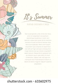 Summer paradise holiday marine card. Seashell illustration can be used for invitation, postcard, menu, flyer or website Hand draw underwater tropical objects with sea shells and sea star.