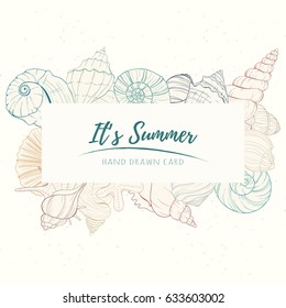 Summer paradise holiday marine card. Seashell illustration can be used for invitation, postcard, menu, flyer or website Hand draw underwater tropical objects with sea shells and sea star.