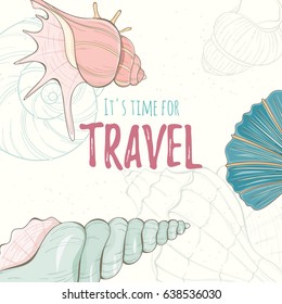 Summer paradise holiday marine card. Seashell illustration can be used for invitation, postcard, menu, flyer or website Hand draw underwater tropical objects with sea shells and sea star.