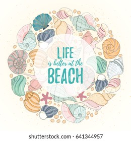 Summer paradise holiday marine card. Seashell illustration can be used for invitation, postcard, menu, flyer or website Hand draw underwater tropical objects with sea shells and sea star.