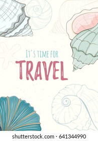 Summer paradise holiday marine card. Seashell illustration can be used for invitation, postcard, menu, flyer or website Hand draw underwater tropical objects with sea shells and sea star.