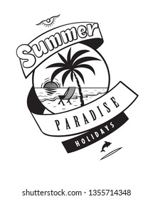 Summer paradise holidays emblems or logo badge hand drawn calligraphy. Black vector lettering design for vacation tour on a white background. Typographic symbol with sea and yacht