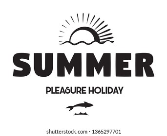 Summer paradise holidays emblems or logo badge hand drawn calligraphy. Black vector lettering design for vacation tour on a white background. Typographic symbol with sun and fish