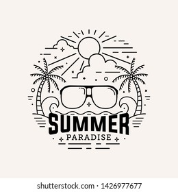 Summer paradise label flat style with line art vector illustration