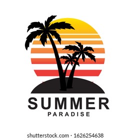 summer paradise logo with a palm trees silhouette in front of sunset vector and also it's good for a travel logo