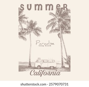 Summer paradise long beach california. long beach california summer time, summer beach sunshine vector print design artwork, Beach Paradise Print t shirt graphics design, typography slogan 