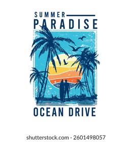 Summer Paradise ocean drive palm tree sunset surfing t shirt print poster