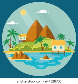 Summer paradise ocean landscape. A beautiful island with huts in the sea. Vacation with a holiday in the tropics. Flat vector illustration