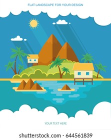 Summer paradise ocean landscape. A beautiful island with huts in the sea. Vacation with a holiday in the tropics. Flat vector illustration