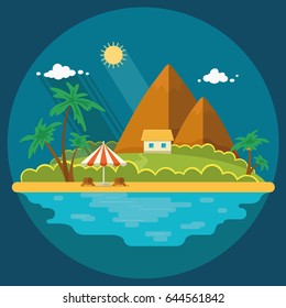 Summer paradise ocean landscape. A beautiful island with huts in the sea. House on the beach. Vacation with a holiday in the tropics. Flat icons vector illustration