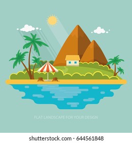 Summer paradise ocean landscape. A beautiful island with huts in the sea. House on the beach. Vacation with a holiday in the tropics. Flat icons vector illustration