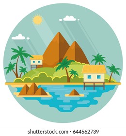 Summer paradise ocean landscape. A beautiful island with huts in the sea. Vacation with a holiday in the tropics. Flat vector illustration