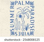 Summer paradise. Palm and surfboard artwork. Summer vibes artwork. Sunshine paradise graphic print design. Surf club design. Beach modern abstract art. Enjoy beach life. Endless summer artwork. 