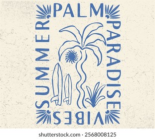 Summer paradise. Palm and surfboard artwork. Summer vibes artwork. Sunshine paradise graphic print design. Surf club design. Beach modern abstract art. Enjoy beach life. Endless summer artwork. 