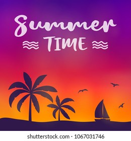 Summer paradise with palm trees - colourful banner with typography. Vector.