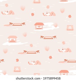 Summer paradise pattern with bungalow, bed in huts, palm leaves, lounge chair and swimming pool. Honeymoon, luxury resort, vacation concept. Table with champagne, romantic meeting place.