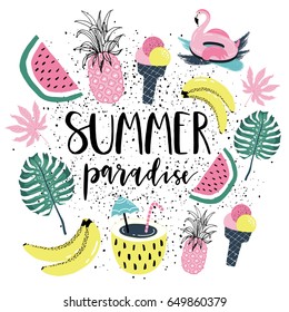 Summer paradise Poster with banana, watermelon, pineapple and palm leaves. Vector illustration