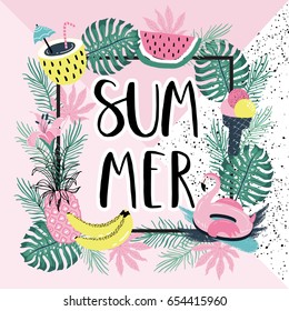 Summer paradise Poster with flamingo, banana, watermelon, pineapple and palm leaves. Vector illustration