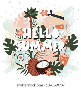 Summer paradise Poster with pineapple, coconut, juice, hat, floral and palm. Vector illustration
