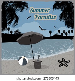 Summer paradise poster at tropical place in blue, vector illustration