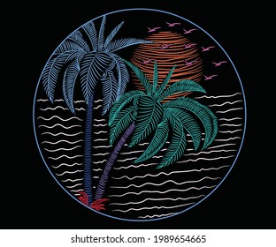 Summer paradise print design. palm tree vector design. Beach vibes art sketch for t shirt. Summer line art artwork. 