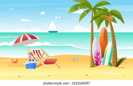 Summer paradise scene with surf boards, sea and sand landscape, umbrella, beach chair, cooler with drinks, crab, starfish. Vector illustration art in flat style