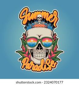 summer paradise skull hand-drawn illustration design