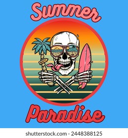 Summer paradise, summer skull with a surfboard and a palm tree in hands, can be used as a poster, banner, postcard, etc. svg