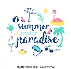 Summer paradise  slogan and hand drawing cute icons vector for print design.