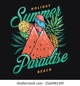 Summer paradise sticker colorful vintage cold refreshing desserts for beach holiday on tropical island ice cream and watermelon vector illustration