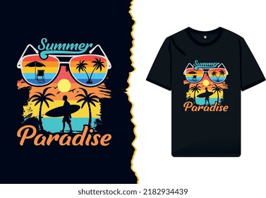 Summer Paradise Stock Vector Illustration T-shirt Design.   Sunglasses with tropical beach party arts. Typography vacation palm tree and summer holiday surfing shirt template.