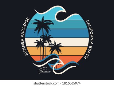 summer paradise stylish t-shirt and apparel trendy design with palm trees silhouettes, typography, print, vector illustration. Global swatches.
