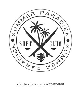 Summer paradise surf club logo template, black and white vector Illustration