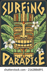 Summer paradise surfing poster with sunny beach, waves and tiki mask