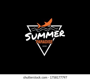 Summer Paradise Surfing t-shirt and apparel design, Typography Surfing fashion print design with shark and surfboard shape.
