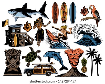 Summer paradise surfing vintage retro set icons colorful collection with sea ocean animals wave palms travel beach old car Hawaii style poster print design t shirt sticker patch vector illustration