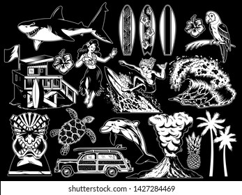 Summer paradise surfing vintage retro set icons monochrome collection with sea ocean animals wave palms travel beach old car Hawaii style poster print design t shirt sticker patch vector illustration