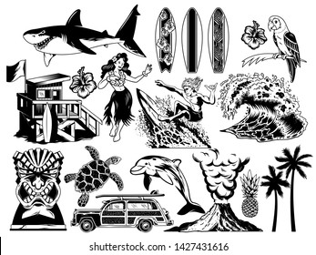 Summer paradise surfing vintage retro set icons monochrome collection with sea ocean animals wave palms travel beach old car Hawaii style poster print design t shirt sticker patch vector illustration