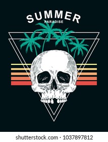 Summer paradise text with skull and palm trees. Vector illustration for t-shirt print and other uses.